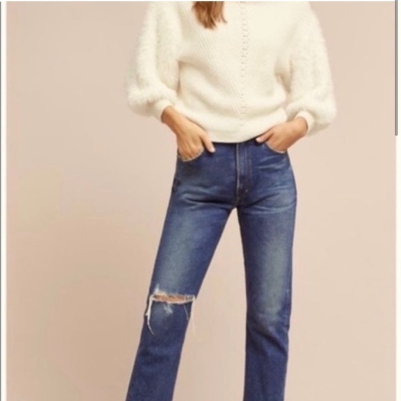 Anthropologie Knitted & Knotted Fuzzy Sleeve Knit Wool Blend Sweater Ivory Cream - Picture 2 of 8